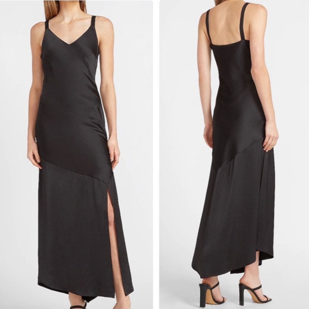 EXRESS Satin Slip Dress with Slit & Asymmetric Hem, Ribbon Straps, NWT, Small